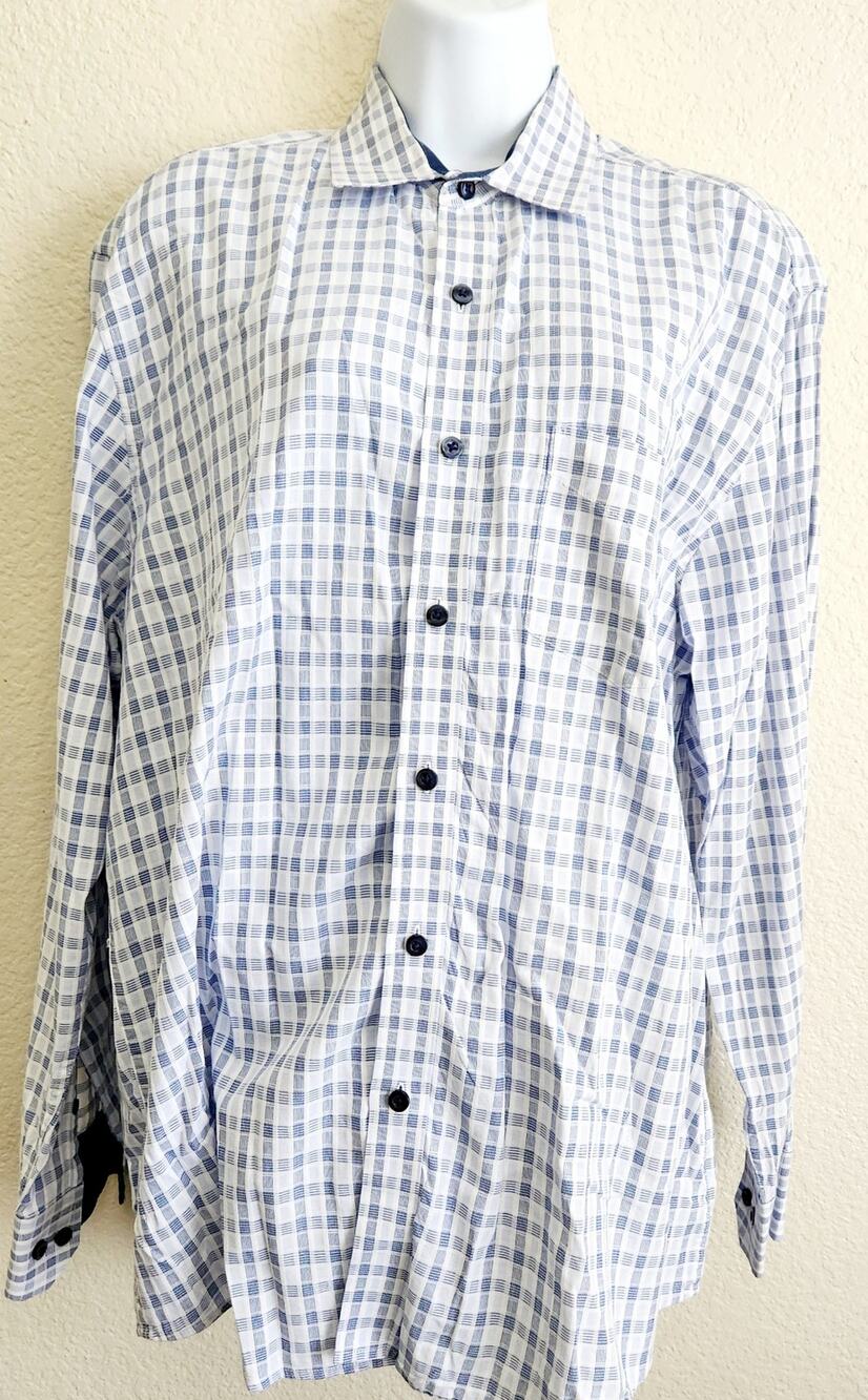 Tasso Elba Blue White Plaid Button Up Long Sleeve Shirt 16 16.5 Lightweight